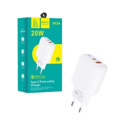 Adaptador Denmen DC26 2 Portas USB+Tipo-C PD20W Branco